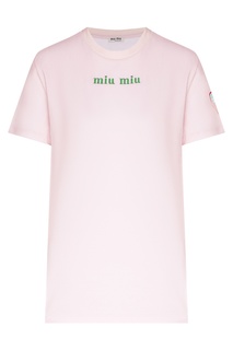 Розовая футболка с логотипом и принтом Miu Miu