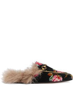 Gucci бархатные слиперы Princetown с принтом с розами
