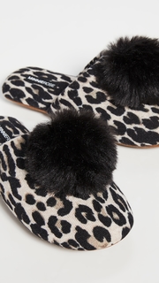 Minnie Rose Cashmere Leopard Pom Pom Slippers