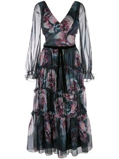 Marchesa Notte floral-print slit-sleeves dress