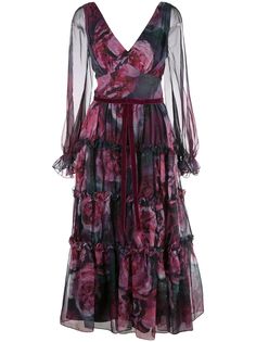 Marchesa Notte floral-print slit-sleeves dress