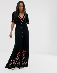 Фактурное платье макси на пуговицах с вышивкой ASOS DESIGN
