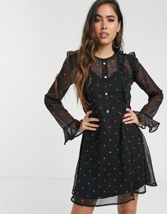Черное чайное платье мини с оборками и принтом River Island
