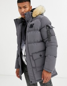 Серая дутая парка с искусственным мехом на капюшоне SikSilk