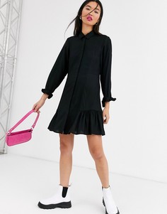 Черное платье-рубашка мини с длинным рукавом Monki