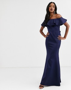 Атласное платье макси с открытыми плечами, оборкой и бантом City Goddess