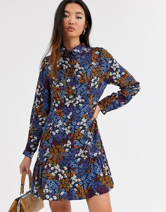 Синее платье-рубашка мини с длинными рукавами и цветочным принтом Monki