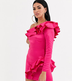 Атласное платье мини на одно плечо с оборкой Flounce London