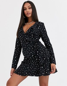 Черное чайное платье в горошек с длинными рукавами и запахом Missguided