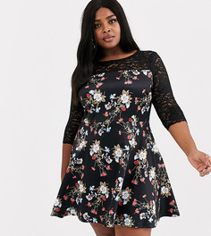 Короткое приталенное платье с цветочным принтом и кружевной отделкой Simply Be