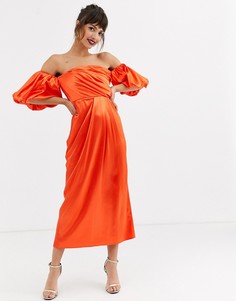 Атласное драпированное платье миди с открытыми плечами ASOS EDITION
