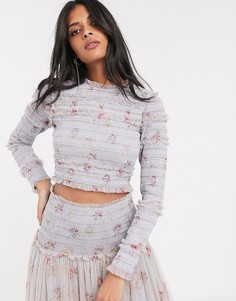 Синий приталенный кроп-топ с цветочным принтом Needle & Thread