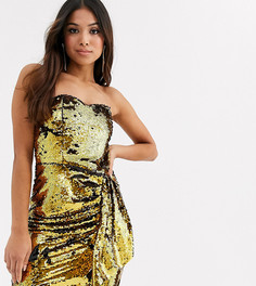 Платье мини с вырезом-бандо, пайетками и отделкой черного и золотистого цвета TFNC Petite