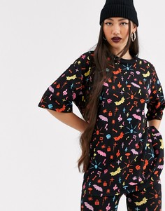 Свободная черная футболка с принтом Monki Halloween