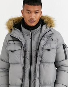 Серая дутая парка с искусственным мехом на капюшоне Good For Nothing