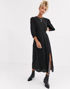 Черное платье с цветочным принтом и длинными рукавами New Look