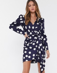 Темно-синее платье мини в горошек со сборками River Island