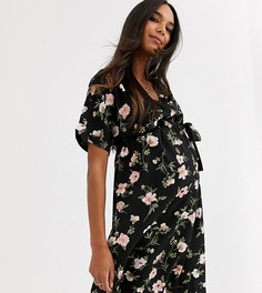 Черное платье миди с запахом и цветочным принтом New Look Maternity