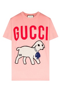 Розовая футболка с ягненком и логотипом Gucci