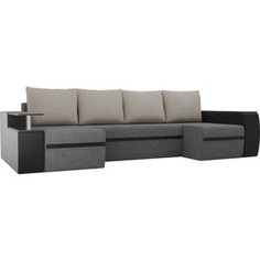 П-образный диван АртМебель Майами рогожка серый/экокожа черный подушки рогожка бежевый