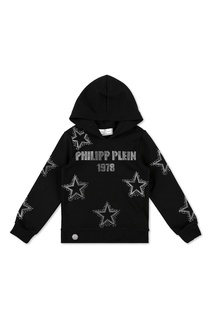 Черное худи с кристальными звездами Philipp Plein Kids