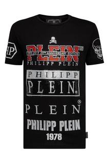 Черная футболка с надписями из стразов Philipp Plein