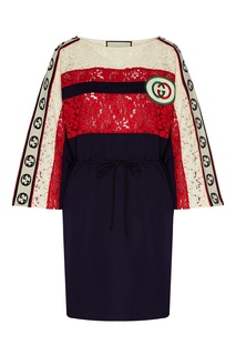 Платье с логотипами и кружевной вставкой Gucci