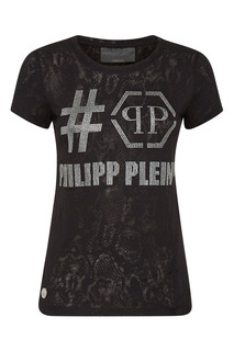 Черная полупрозрачная футболка с декором из стразов Philipp Plein