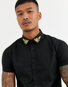 Черная облегающая рубашка с короткими рукавами и золотистой отделкой на воротнике SikSilk