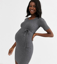 Серое трикотажное платье миди в рубчик для беременных Mamalicious Mama.Licious