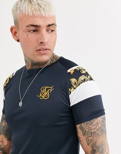 Темно-синяя обтягивающая футболка с принтом на рукаве SikSilk