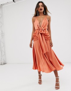 Атласное платье миди с глубоким вырезом ASOS EDITION