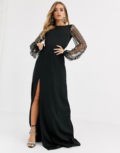 Полупрозрачное черное платье макси с длинными рукавами и разрезом до бедра Virgos Lounge