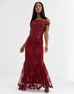 Платье макси винного цвета с отделкой в стиле барокко Goddiva