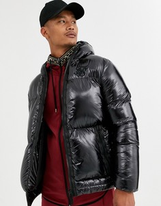 Черная дутая куртка с эффектом мокрой ткани SikSilk