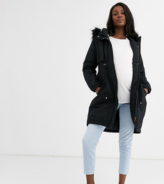 Черная парка для беременных с капюшоном и искусственным мехом Mamalicious Mama.Licious