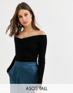 Черный топ с запахом и открытыми плечами ASOS DESIGN Tall