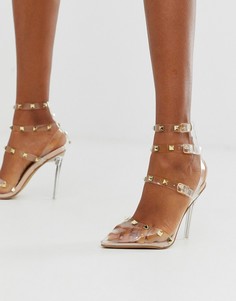 Бежевые лакированные туфли на каблуке-шпильке и с заклепками Public Desire Hero