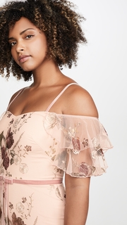 Marchesa Notte Off the Shoulder Tiered Sleeve Embroidered Tea-Length Gown
