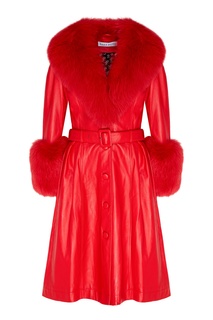 Красное кожаное пальто с лисьим мехом Saks Potts