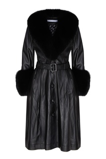 Черное кожаное пальто с лисьим мехом Saks Potts