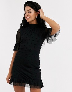 Черное сетчатое платье с высоким воротом и бантом Miss Selfridge