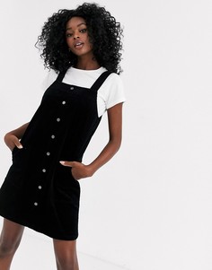 Черное вельветовое платье мини на пуговицах New Look