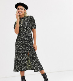 Черное платье миди с разрезом и цветочным принтом New Look Petite