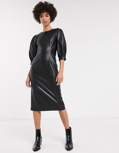Черное платье миди из искусственной кожи с пышными рукавами на манжетах Monki