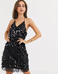 Черное платье мини на бретельках с крупными пайетками Pieces