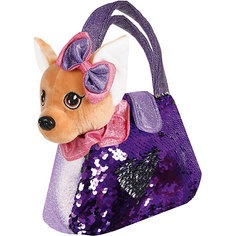 Мягкая игрушка Fluffy Family "Щенок в сумочке с пайетками", 19 см, фиолетовая