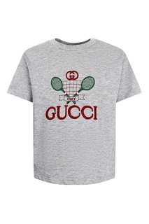 Серая футболка с красно-зеленой вышивкой Gucci Kids