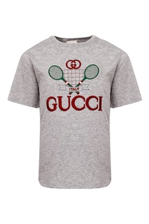 Серая футболка с тематической вышивкой Gucci Kids