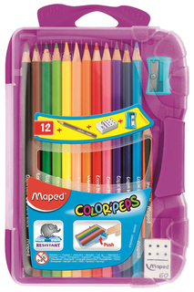 Карандаш цвет.COLORPEPS,пл.пенал,12цв+точил+ласт+ч/г каранд Maped